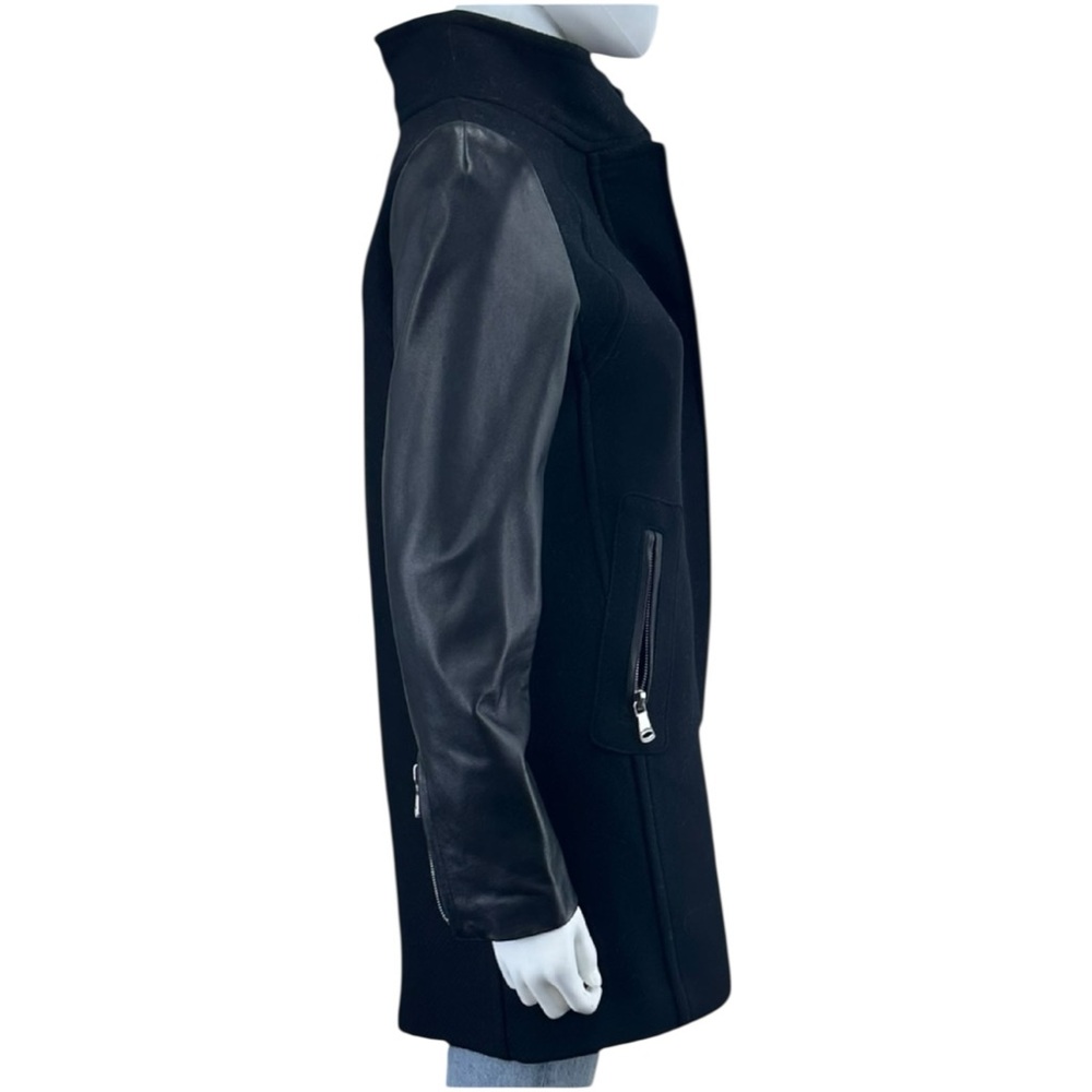 MILLY Black Wool & Leather Coat Size 6 - Picture 2 of 8